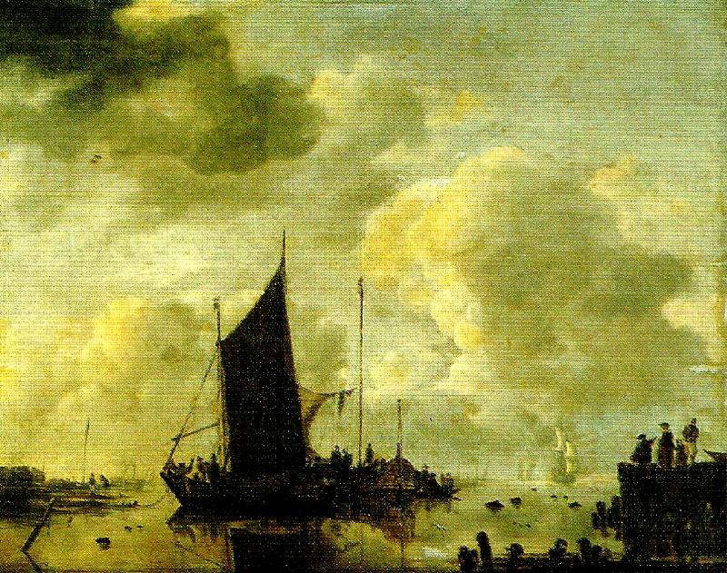 hamnstycke med speglande vatten, Jan van de Cappelle
